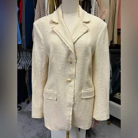 ZARA WOMEN NEW 100% Cotton Tweed Textured BLAZER w/ Pockets OYSTER WHITE Size L - Picture 4 of 12